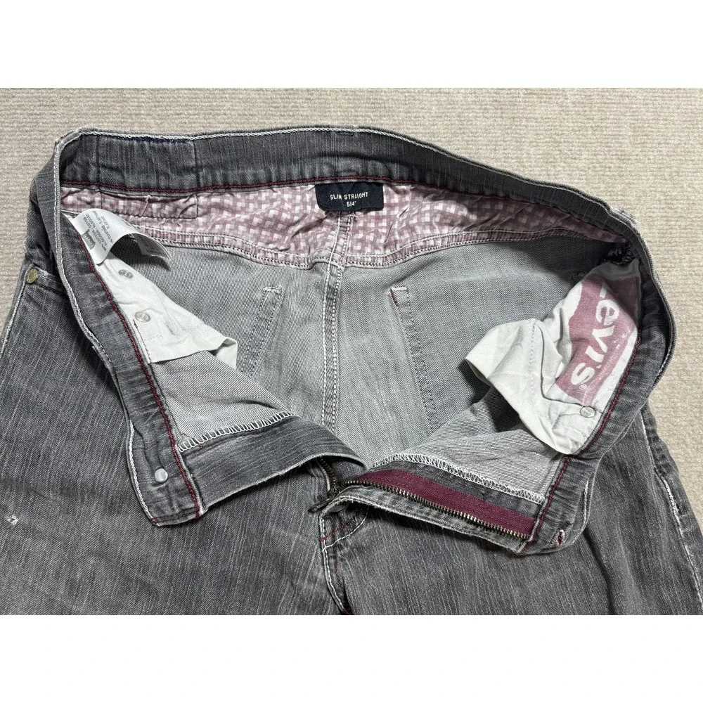 Levis 514 Jeans Mens 36x30 Gray Slim‎ Straight Distressed Denim Red Stitching